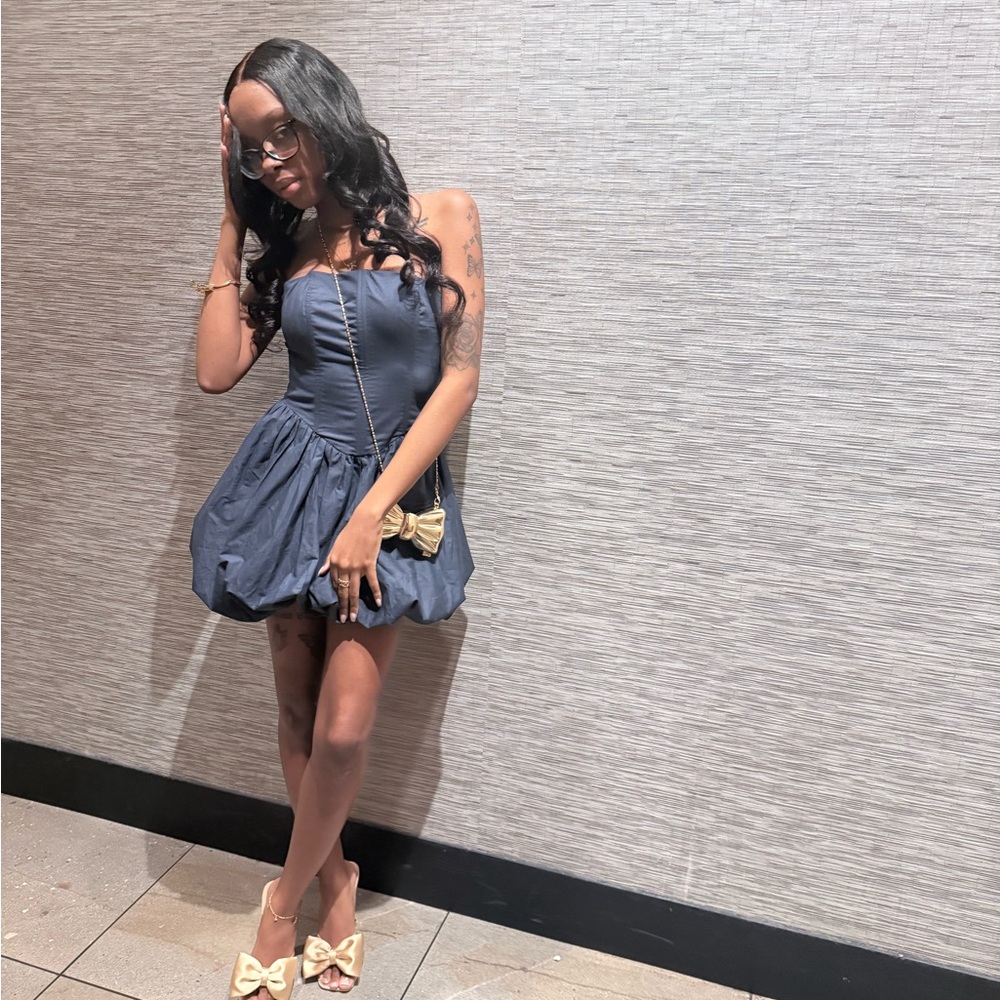 Fashion Nova Blue Strapless Ruffled Cocktail Dress